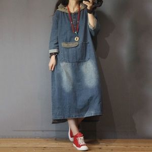 Long Sleeve Hooded Denim Dress with Big Pocket